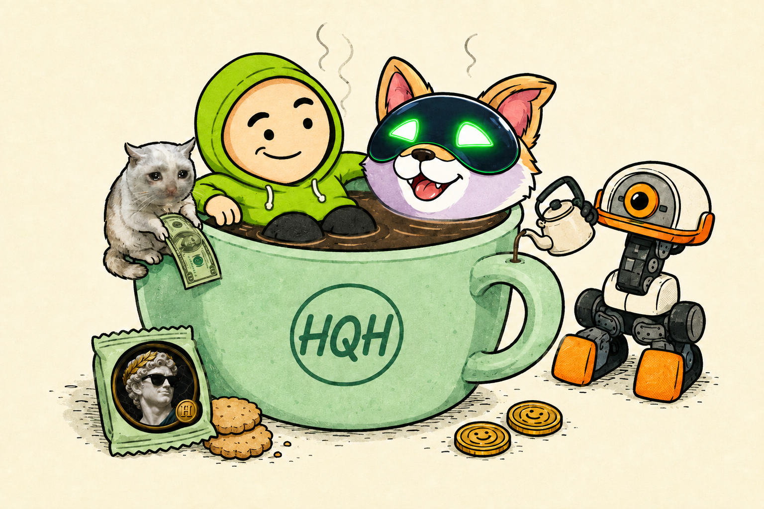 HQH and his memes relaxing in an enormous coffee mug