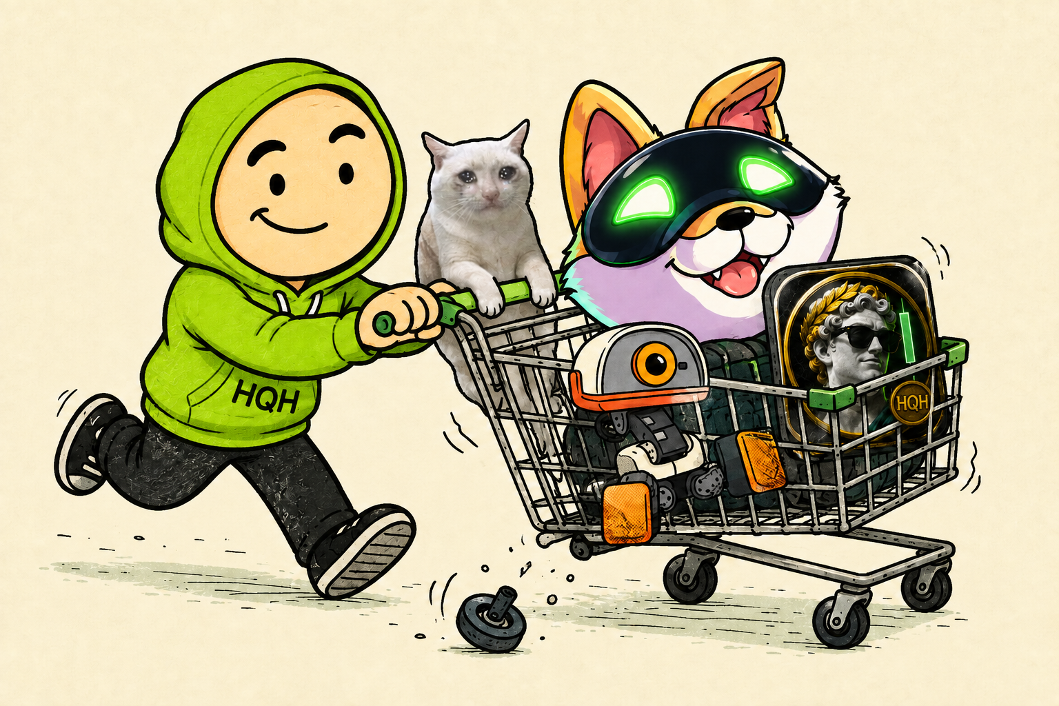 HQH pushing his favorite memes in a wobbly shopping cart