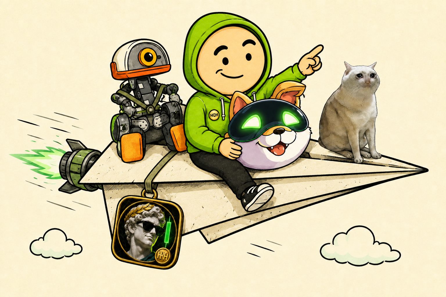 HQH and the meme crew riding a rocket-powered paper plane